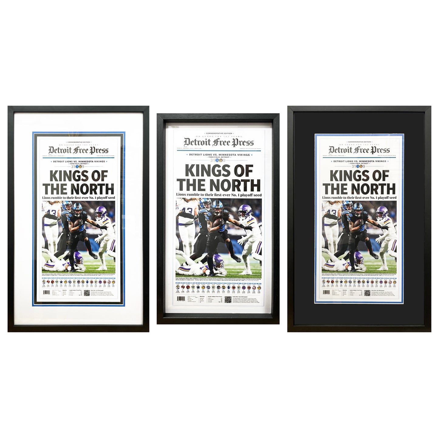 Celebrate the Detroit Lions' victory streak with a custom framed poster showcasing the front page article, "Detroit Lions Kings of the North," from the Detroit Free Press. This archival gem is a must-have for any sports enthusiast. Let's roar, Lions!