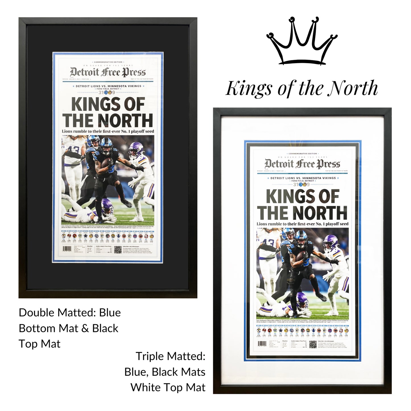 Celebrate the Detroit Lions' victory streak with a custom framed poster showcasing the front page article, "Detroit Lions Kings of the North," from the Detroit Free Press. This archival gem is a must-have for any sports enthusiast. Let's roar, Lions!