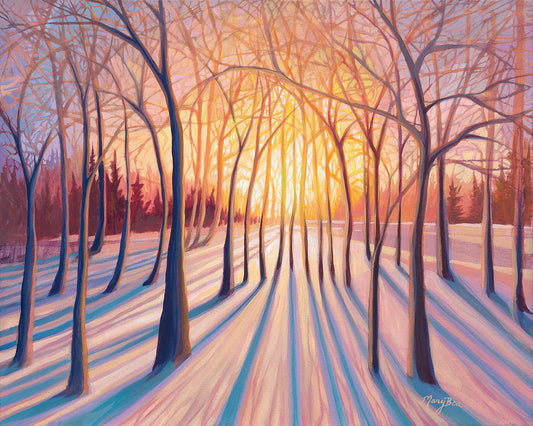Lowlight Fine Art Print of a winter landscape with bare trees and a warm sunset, painted by Mary Beth McWatters.