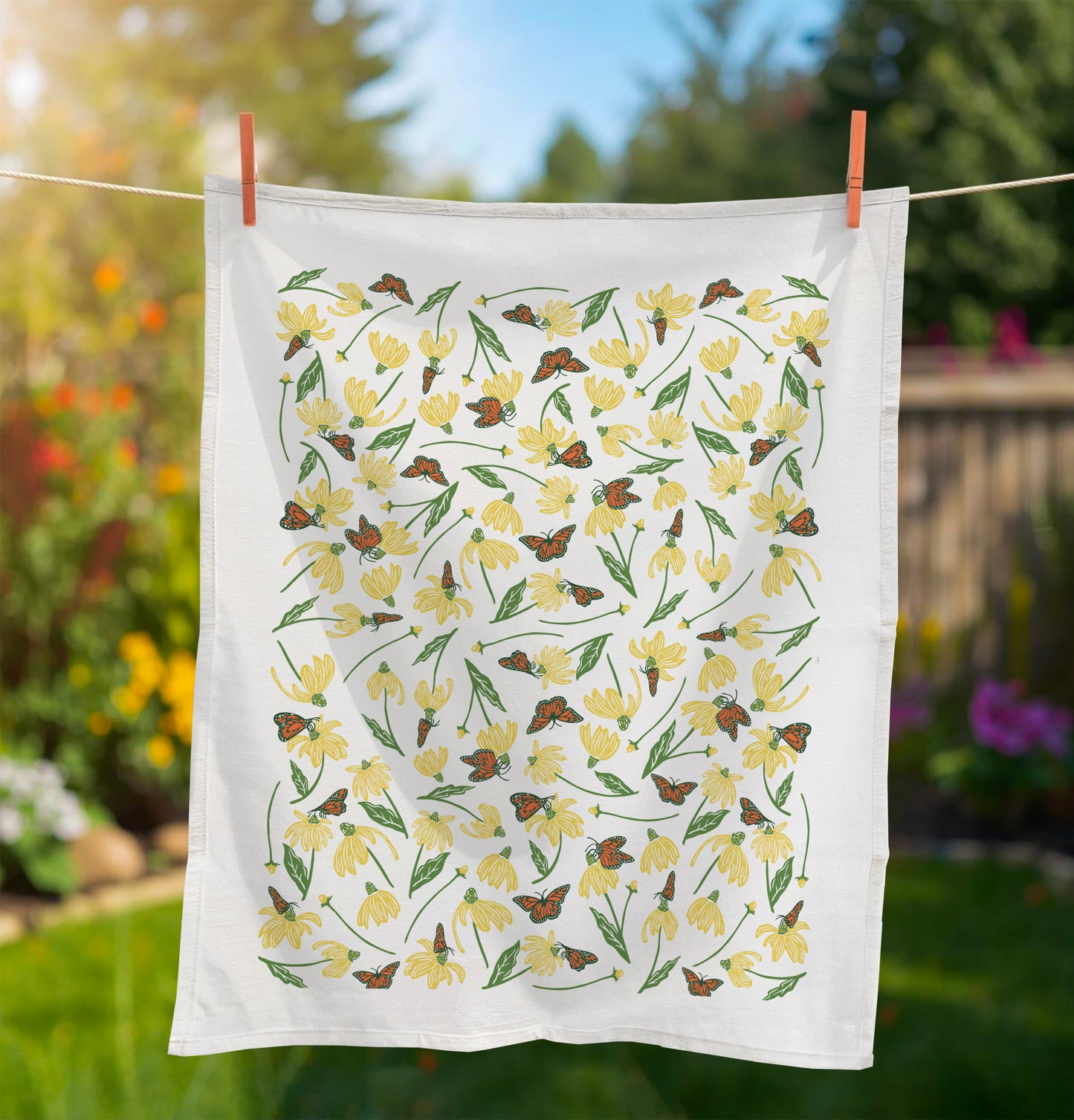 Flour Sack Kitchen Towel - Monarch & Coneflower Garden