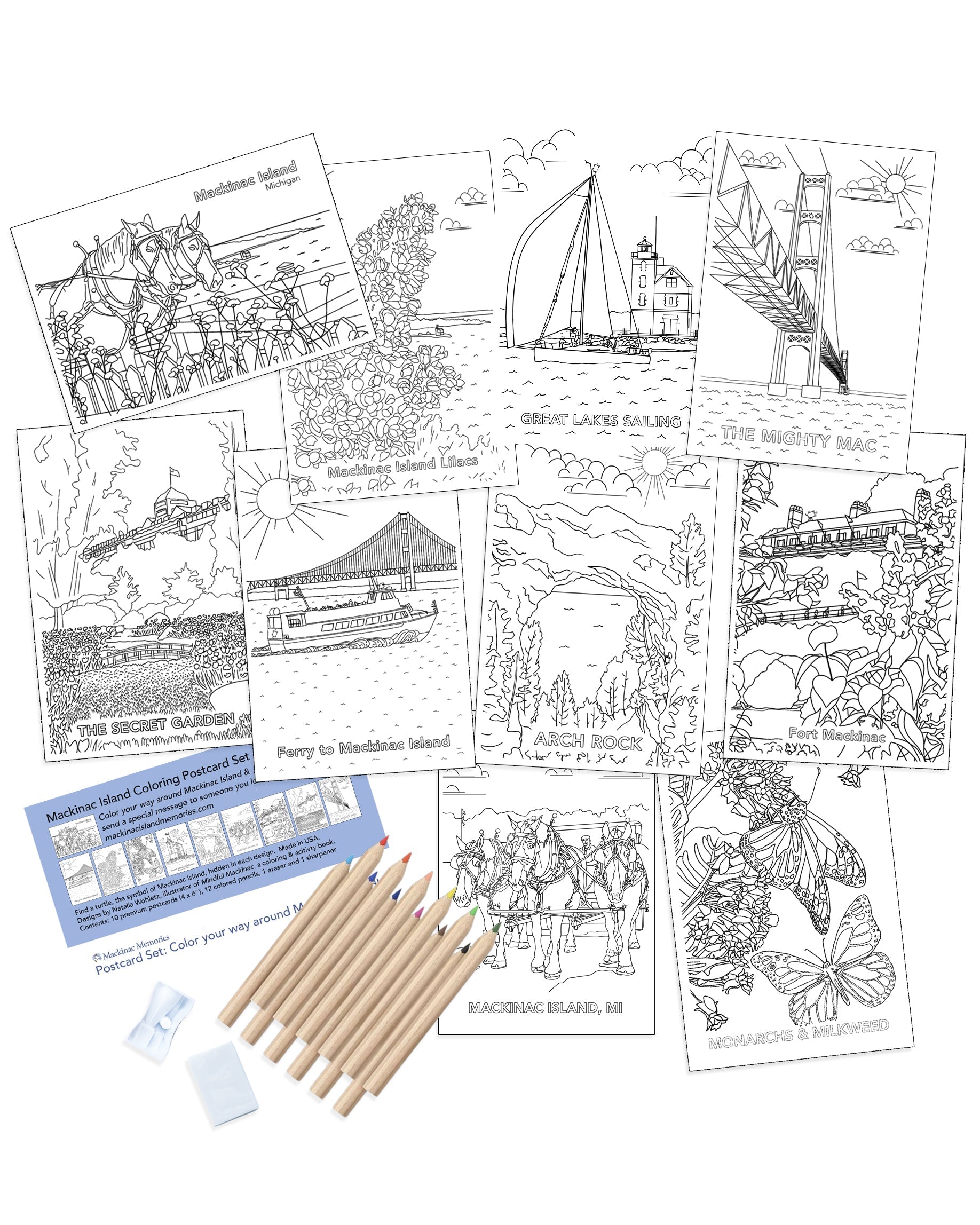 Coloring postcard set with Mackinac Island illustrations and colored pencils, a sharpener and eraser.
