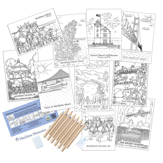 Mackinac Island postcards featuring line drawings that are perfect for coloring.