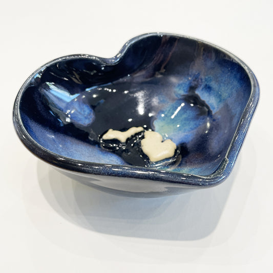 Handmade heart-shaped decorative bowl featuring the state of Michigan map with a Northern Lights Glaze by Jeanne DeHaan.