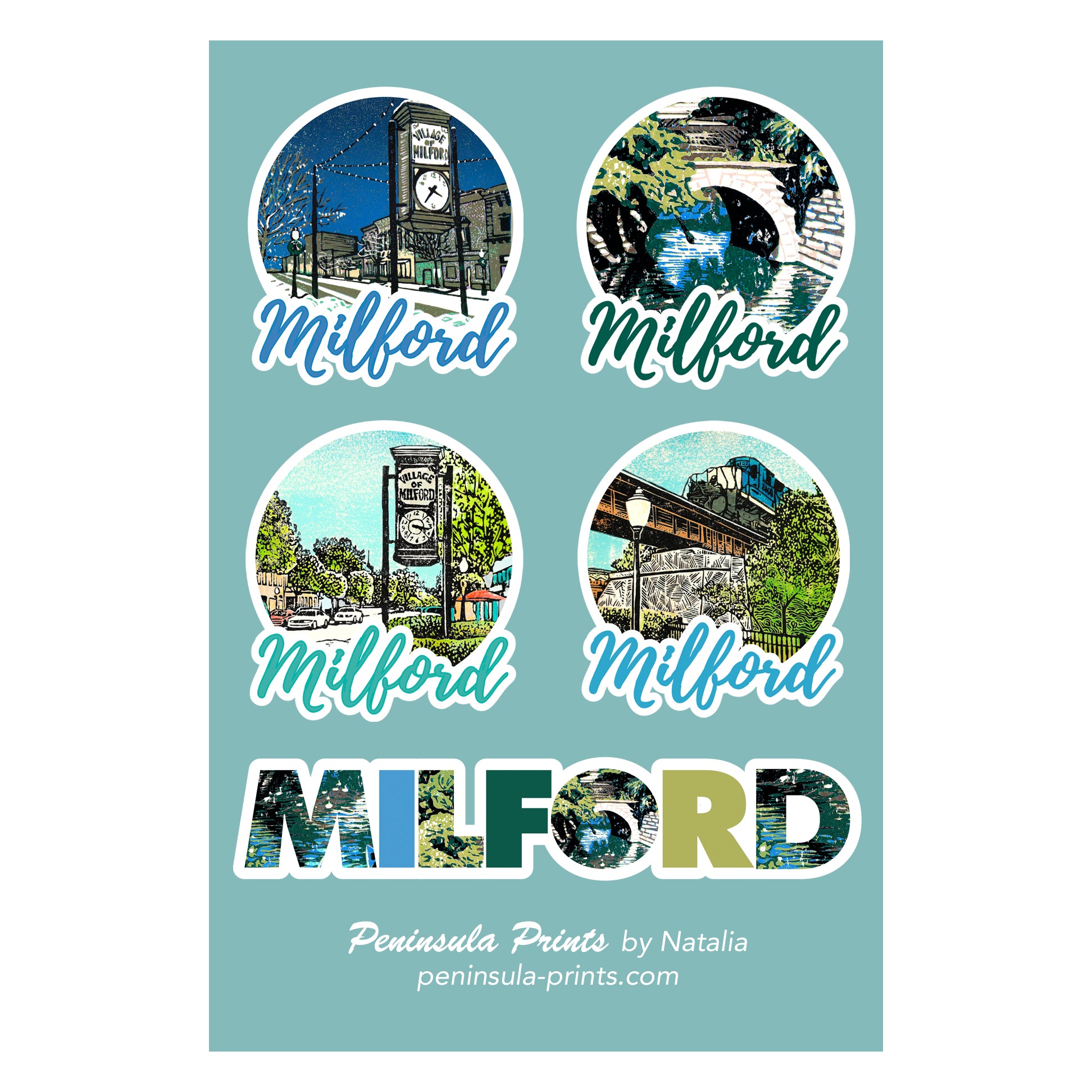 Village of Milford, Michigan, decorative vinyl sticker sheet featuring artwork by Natalia Wohletz of Peninsula Prints.