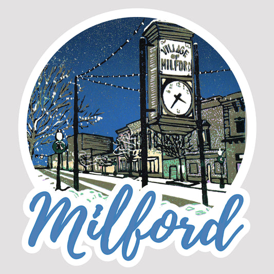 Milford Lights Vinyl Sticker holiday scene by Natalia Wohletz of Peninsula Prints.