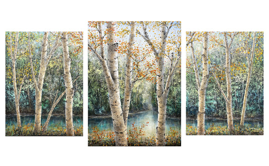 A stunning original painting of birch trees and a woodland pond by Gerd Schmidt that showcases the beauty of quiet forest scenery.