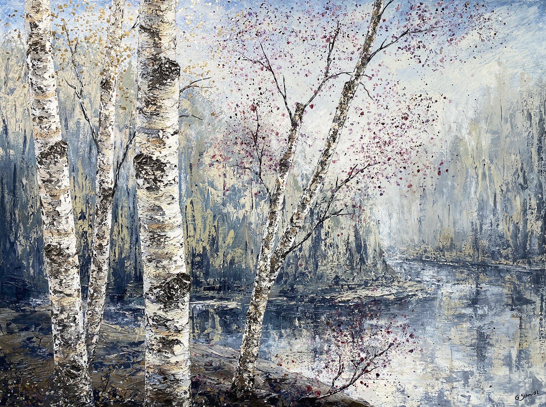 Morning has Broken. A birch tree painting by Michigan artist Gerd Schmidt.