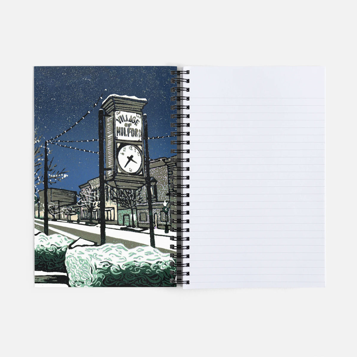Journal/Notebook - featuring a Milford, Michigan Christmas block print design by Natalia Woheltz of Peninsula Prints on the inside cover.