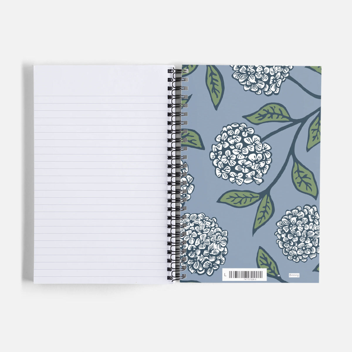 Journal/Notebook - Hydrangea block print design by Natalia Wohletz of Peninsula Prints on the inside back over.