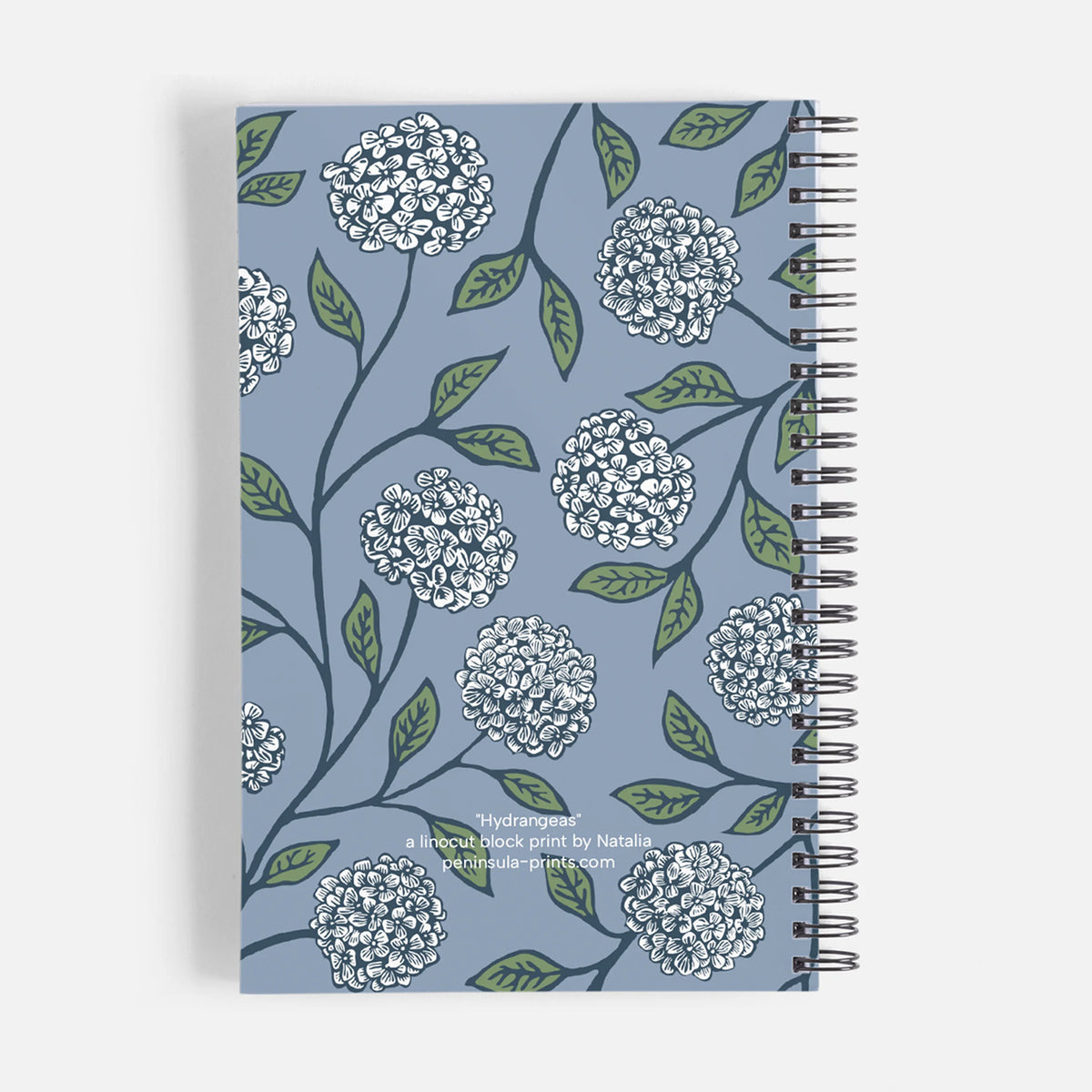 Journal/Notebook - Hydrangea block print design by Natalia Wohletz of Peninsula Prints on the back cover.