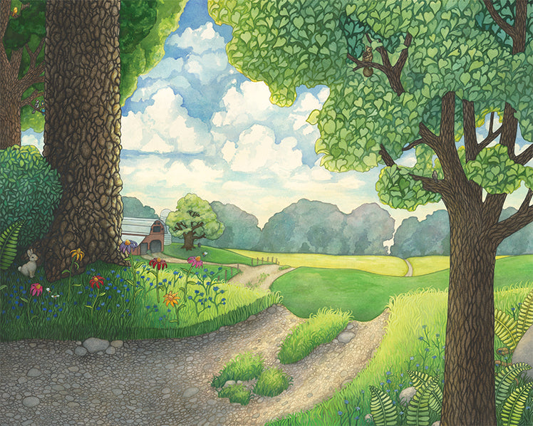Old Dirt Road.  Signed fine art print on archival watercolor paper.  The original watercolor painting by created by Jessica Waterstadt of Farmington, Mich., for the children's picture book, "The Acorn & the Oak."