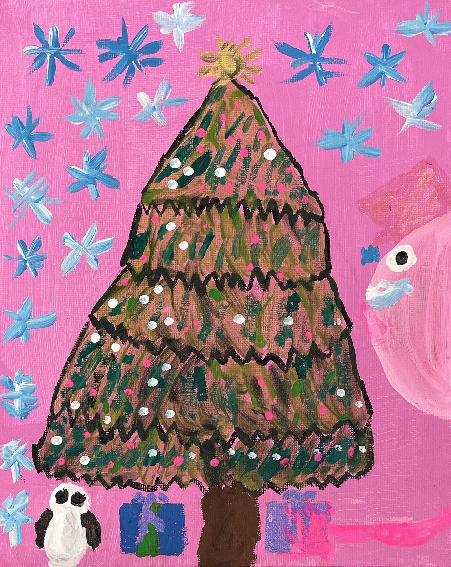 Unique Christmas tree artwork created by talented artists with special needs.  The artists are members of the Peacock Art Club at the Village Fine Art Association's Suzanne Haskew Art Center (SHAC) in Milford, Michigan. 