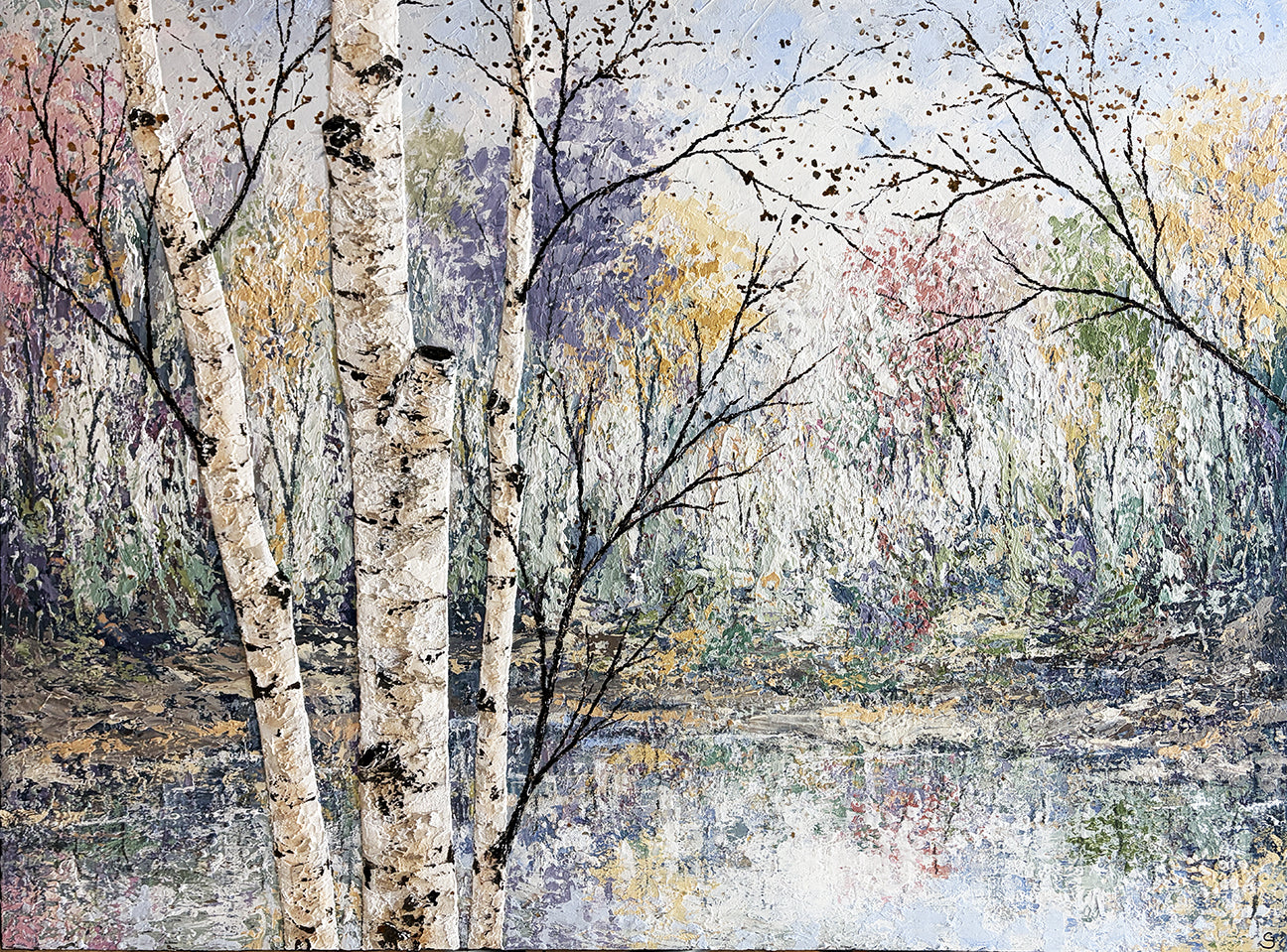 Pastel Birch #1 - Acrylic w/ Mica Flakes by Gerd Schmidt. An impressionistic landscape painting of birch trees near a reflective body of water, with soft pastel tones of white, gray, blue, yellow, and pink in the foliage and trees.
