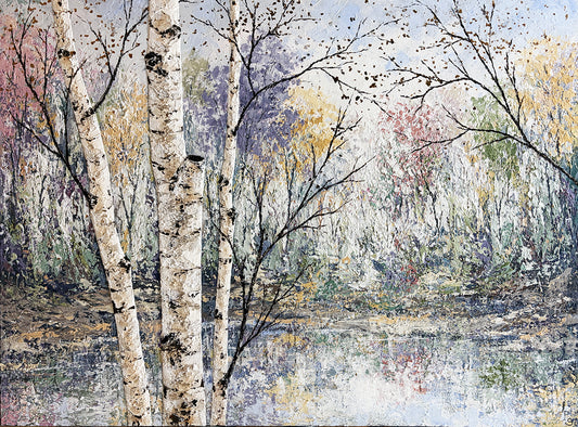 Pastel Birch #1 - Acrylic w/ Mica Flakes by Gerd Schmidt. An impressionistic landscape painting of birch trees near a reflective body of water, with soft pastel tones of white, gray, blue, yellow, and pink in the foliage and trees.