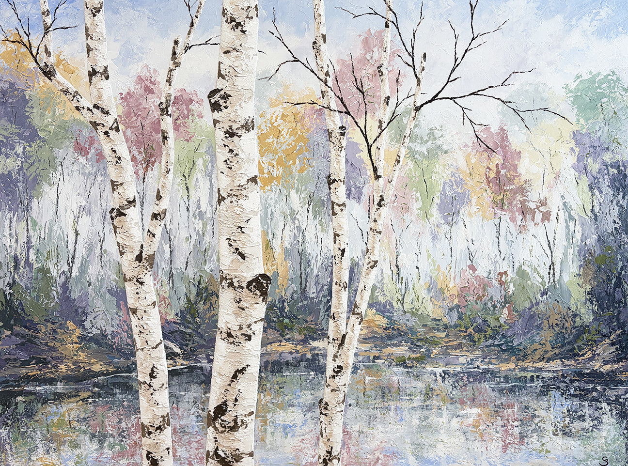 Pastel Birch #2 - Acrylic by Gerd Schmidt.  An impressionistic landscape painting of birch trees by a calm lake, with soft pastel tones of blue, gray, pink, yellow, and green in the background.