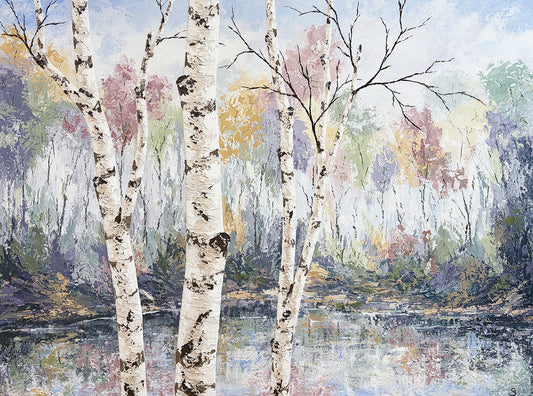 Pastel Birch #2 - Acrylic by Gerd Schmidt.  An impressionistic landscape painting of birch trees by a calm lake, with soft pastel tones of blue, gray, pink, yellow, and green in the background.
