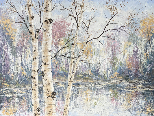 Pastel Birch #3 - Acrylic w/ Mica Flakes by Gerd Schmnidt.  Impressionistic landscape painting of birch trees with white trunks and bare branches standing in front of a reflective pond, with soft pastel tones of blue, purple, pink, and yellow in the background.