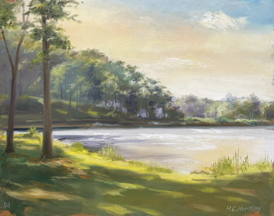 Peaceful Lakeshore.  This original artwork is part of Heiner Hertling's Kensington Metro Park plein air series