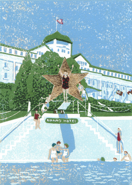 "Esther Williams, the Water Ballerina" is a 5"x7" seven-color reduction block print by Natalia Wohletz of Esther Williams on the diving board at Grand Hotel wearing a flannel red and black swimsuit made for the film, "This Time for Keeps."