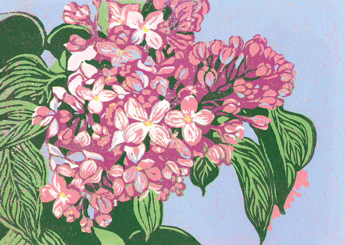 "Lilacs" is a 7"x5" seven-color reduction block print by Natalia Wohletz of pink lilacs with vibrant green leaves blooming against a periwinkle sky. Inspired by Mackinac Island lilacs.