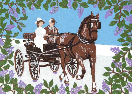 "Somewhere in Time Carriage Ride" is a 5"x7" seven-color reduction block print by Natalia Wohletz of Jane Seymour and Christopher Reeve riding in a carriage surrounded by blooming lilacs in the film "Somewhere in Time" on Mackinac Island.