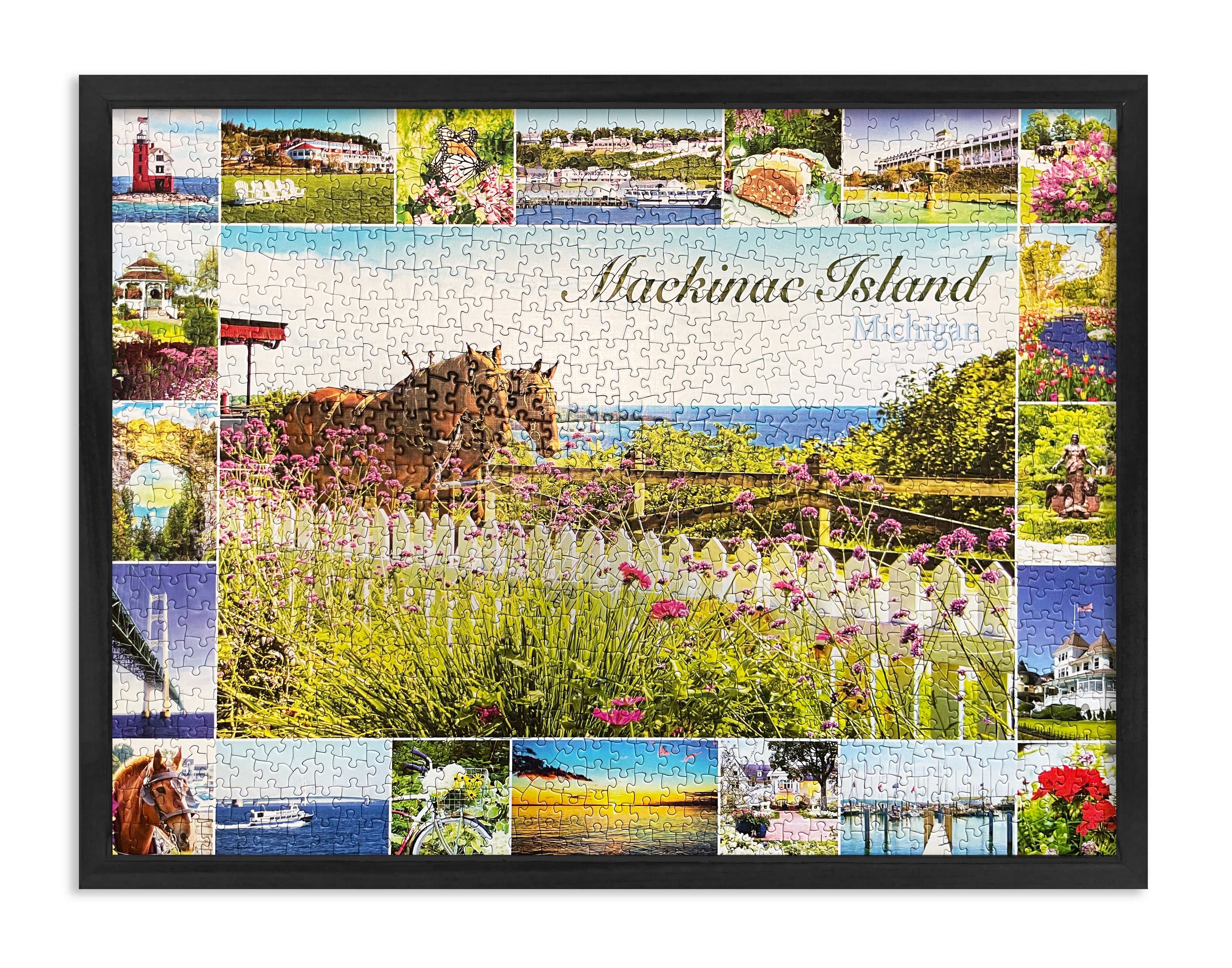 Puzzle of a collage of scenic images from Mackinac Island, Michigan, framed with a black wood frame.
