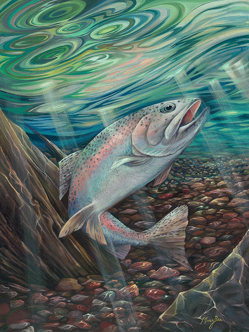 Rainbow Trout Fine Art Print by Mary Bea McWatters.  An artistic depiction of a fish swimming in an underwater scene with swirling water and pebbles.