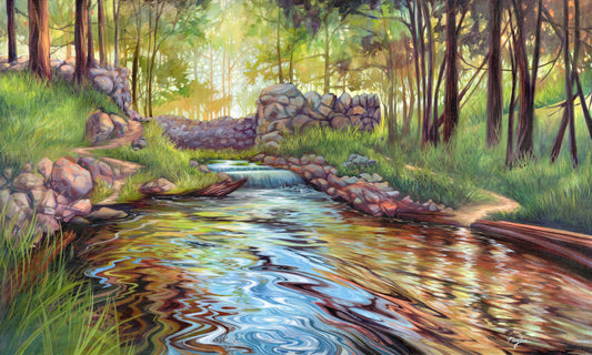 Roaring Brook fine art print by Michigan artist Mary Bea McWatters featuring reflections on the water in a woodland scene.