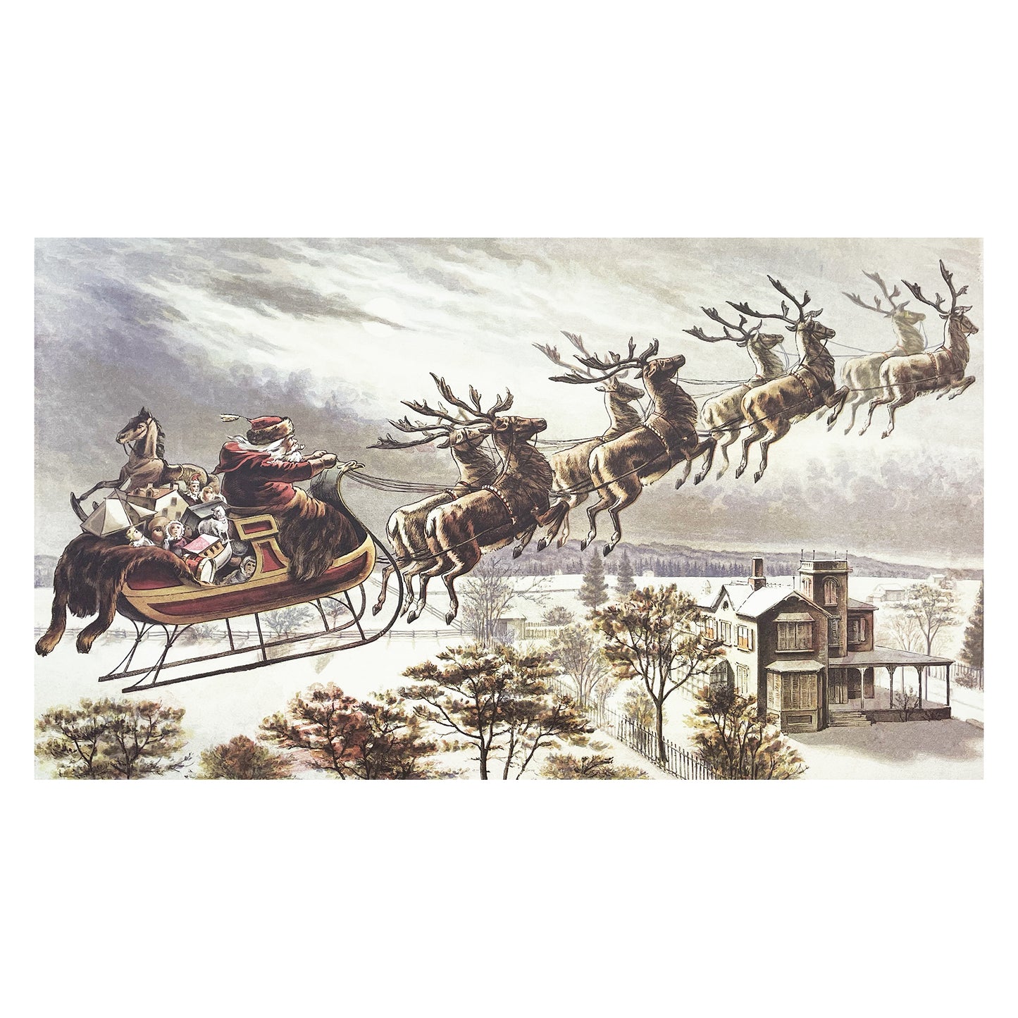 Illustration of Santa Claus in a sleigh pulled by reindeer flying over a snowy landscape with a house in the background.
