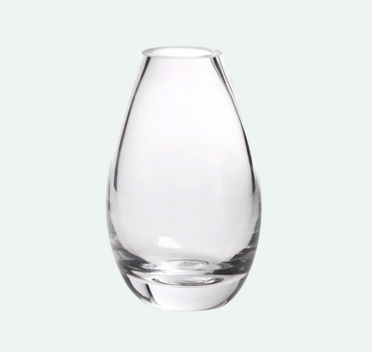 A clear glass vase with a rounded teardrop shape and a short flared rim.
