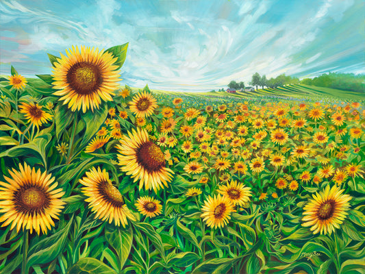 September Sunflowers fine art print by Michigan artist Mary Bea McWatters featuring beautiful blooms in a field of sunflowers.
