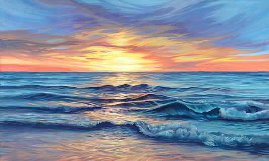 Shared Light Fine Art Print by Mary Bea McWatters featuring a sunset over the ocean or lake with vibrant colors.