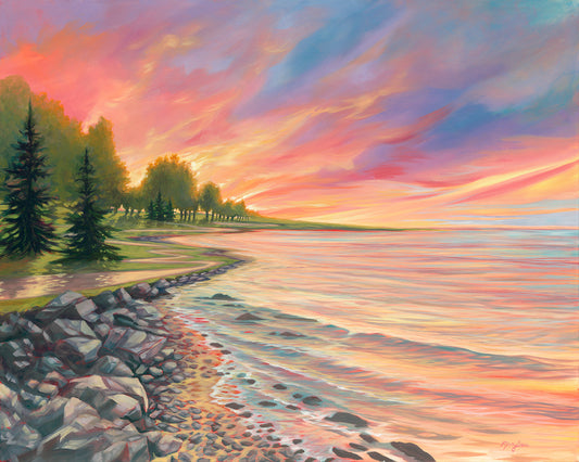 Shoreline Path fine art print by Michigan artist Mary Bea McWatters featuring a tranquil view of pine trees on the lakeshore.
