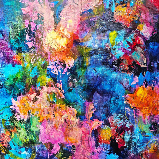 Centennial Hymn - Acrylic & Collage by Catherine Adamkiewicz (AKA Siena Becket).  Colorful abstract art inspired by the artist's love of nature and her desire to encourage and uplift others. 