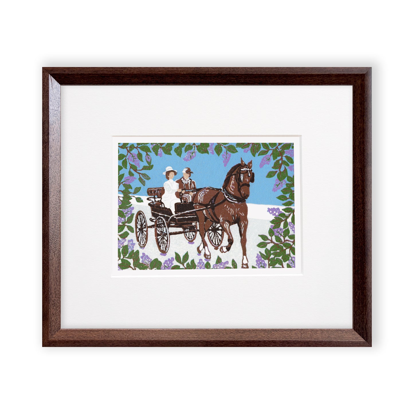 "Somewhere in Time Carriage Ride" is a 5"x7" seven-color reduction block print by Natalia Wohletz of Jane Seymour and Christopher Reeve riding in a carriage surrounded by blooming lilacs in the film "Somewhere in Time" on Mackinac Island. Matted in a white mat and framed in a narrow walnut frame.