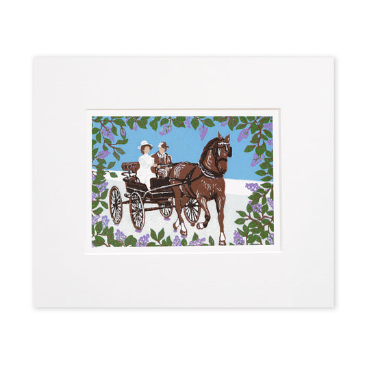 "Somewhere in Time Carriage Ride" is a 5"x7" seven-color reduction block print by Natalia Wohletz of Jane Seymour and Christopher Reeve riding in a carriage surrounded by blooming lilacs in the film "Somewhere in Time" on Mackinac Island. Matted in a white mat.