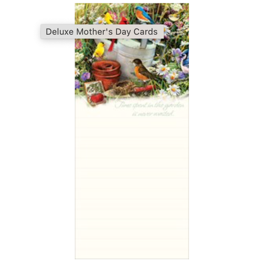 Songbird Garden. This magnet list pad has 50 sheets and is printed on a soft recycled writing paper.  The magnet is mounted on the heavy duty stiff backing board. 