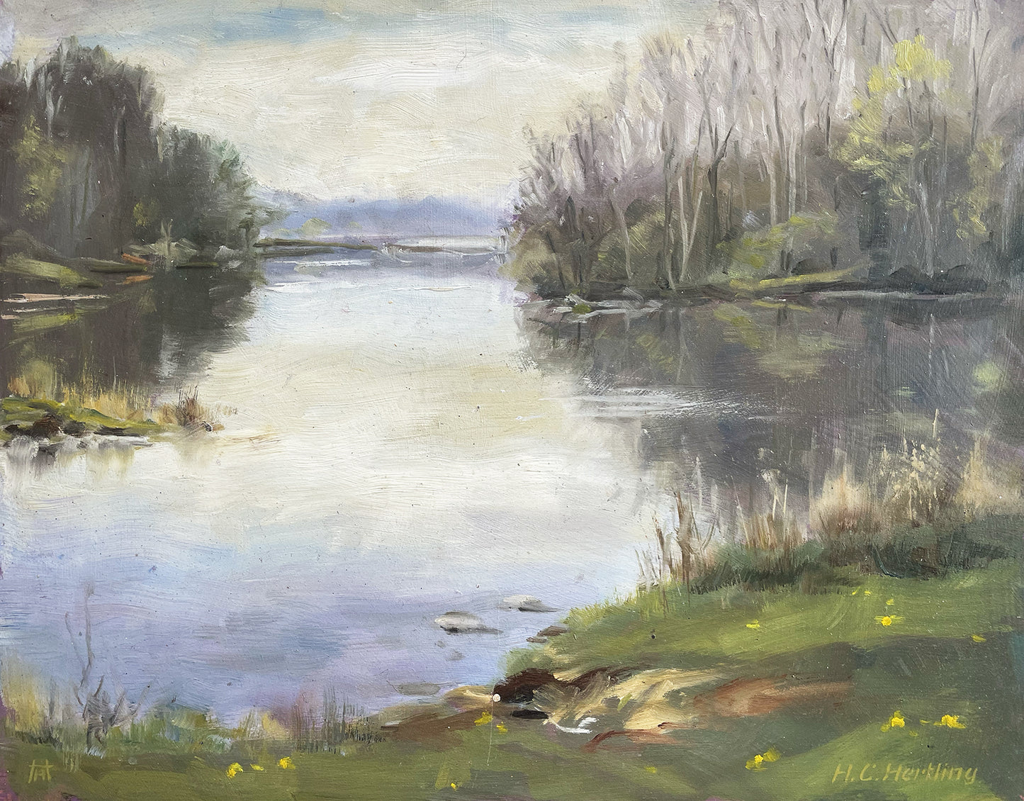 Spring at the Lake.  This original artwork is part of Heiner Hertling's Kensington Metro Park plein air oil painting series.