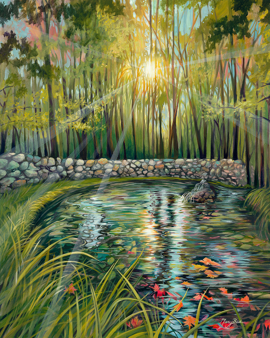 Sunlit Spring Fine Art Print by Mary Bea McWatters of a painting of a serene forest scene with a pond and stone wall.