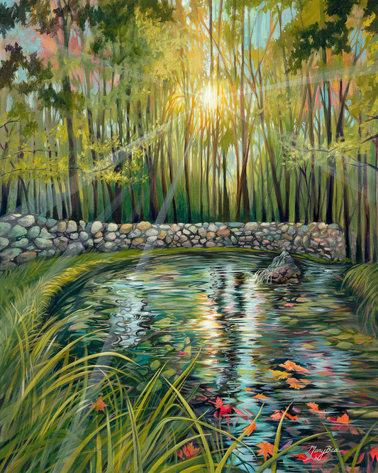 Sunlit Spring Fine Art Print by Mary Bea McWatters of a painting of a serene forest scene with a pond and stone wall.