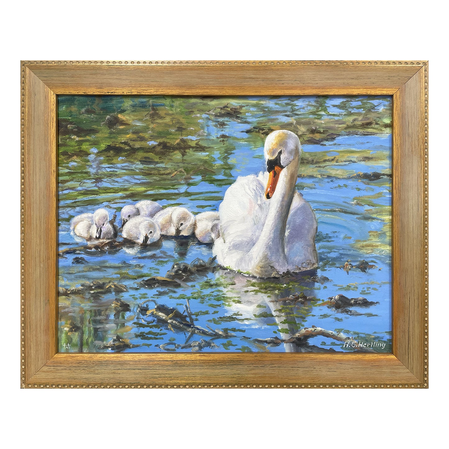 Introduce an elegant touch to your home or office with this Swan Family Oil Painting. This original artwork by Heiner Hertling captures the beauty of lakeside living and the loving bond between a mother swan and her babies. Its calming effect will enhance any space, reflecting the artist's appreciation for nature.  