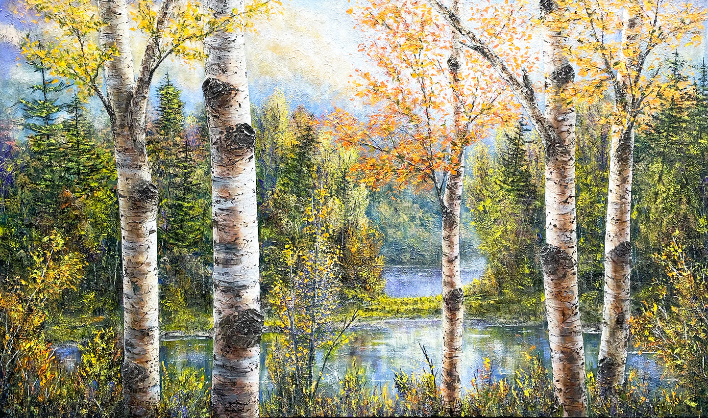 A stunning original painting of birch trees by Michigan artist Gerd Schmidt that showcases the beauty of quiet forest scenery.  A woodland painting for your home or office.