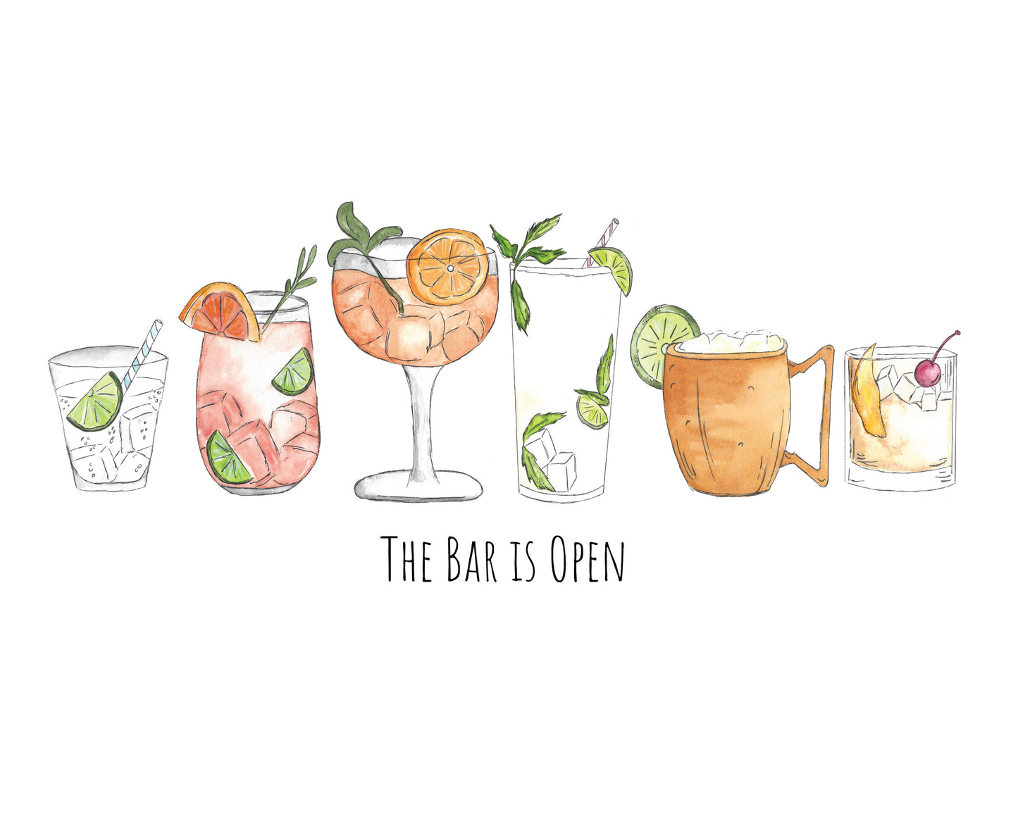 Art Print of a watercolor painting by Michigan artist Abigail Powers.  This line up of drinks is great print for a bar area or kitchen. The drinks are colorful and fun! The print reads “The Bar is Open.”