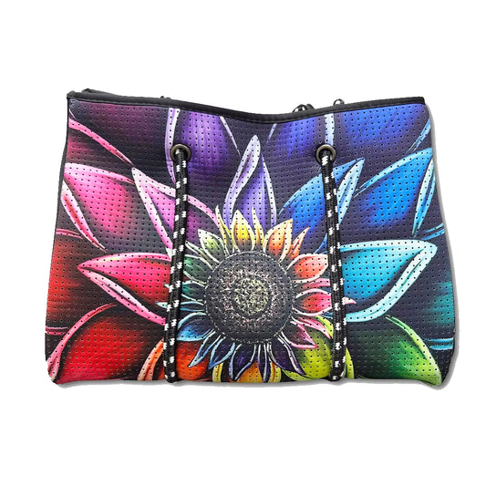 Colorful floral-patterned tote with shoulder straps by Denise Cassidy.