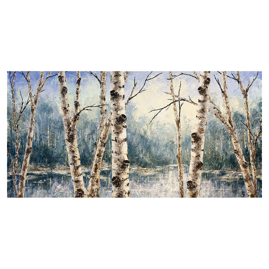 Painting of birch trees by a lake with a soft, blue color palette.