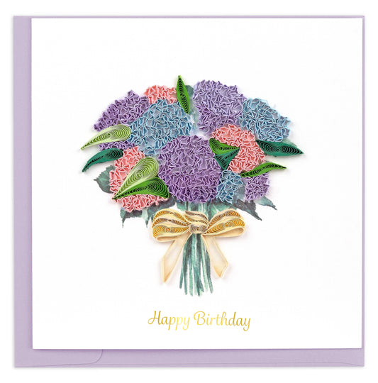Greeting card with a bouquet of flowers and 'Happy Birthday' text on a white background