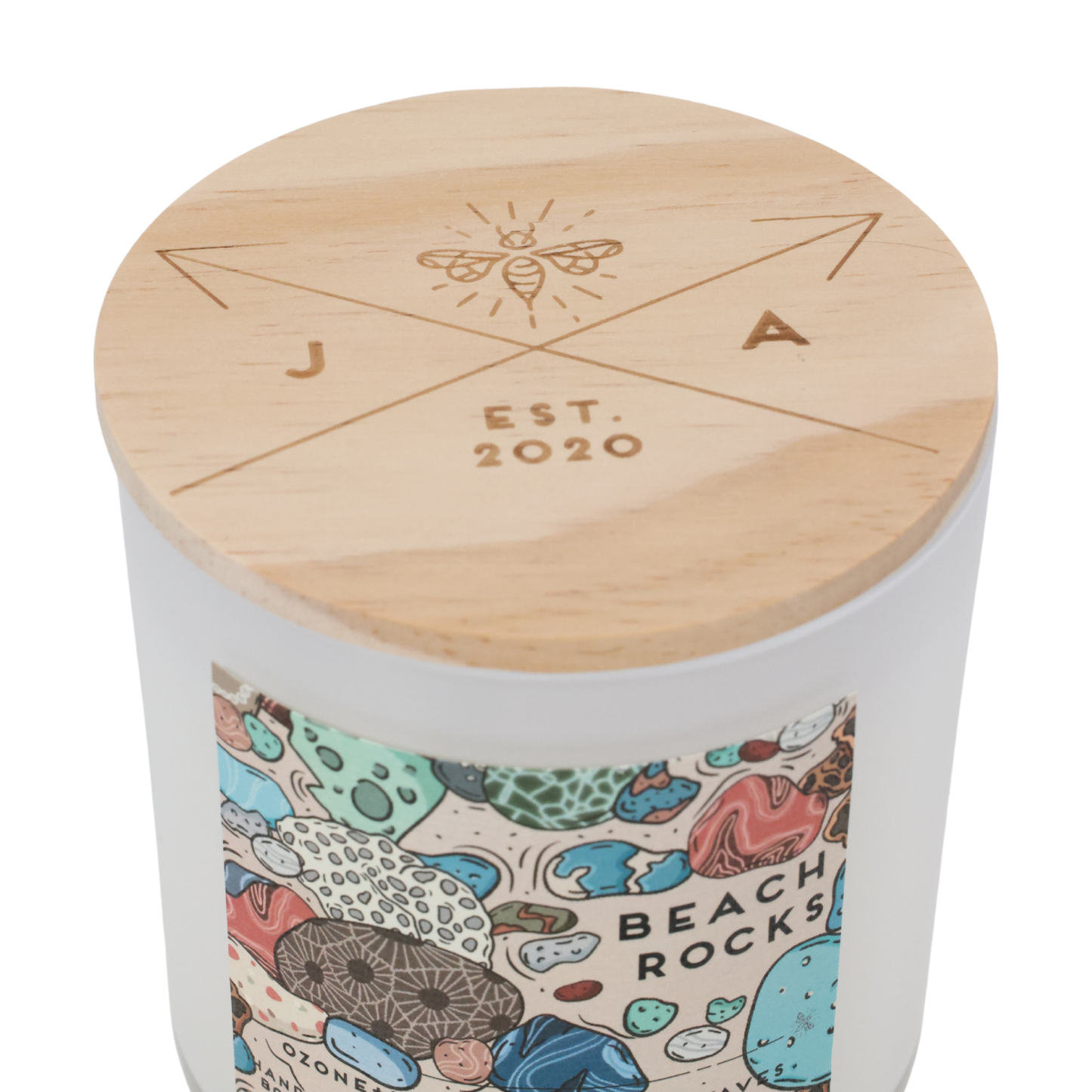 Beach Rocks 12 oz Glass Wooden Wick Candle