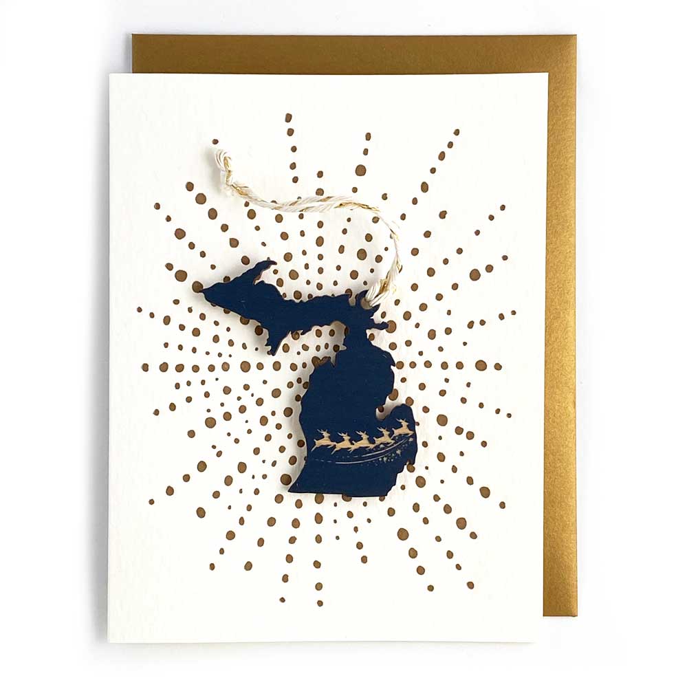 Michigan Reindeer Ornament w/Card: Gold