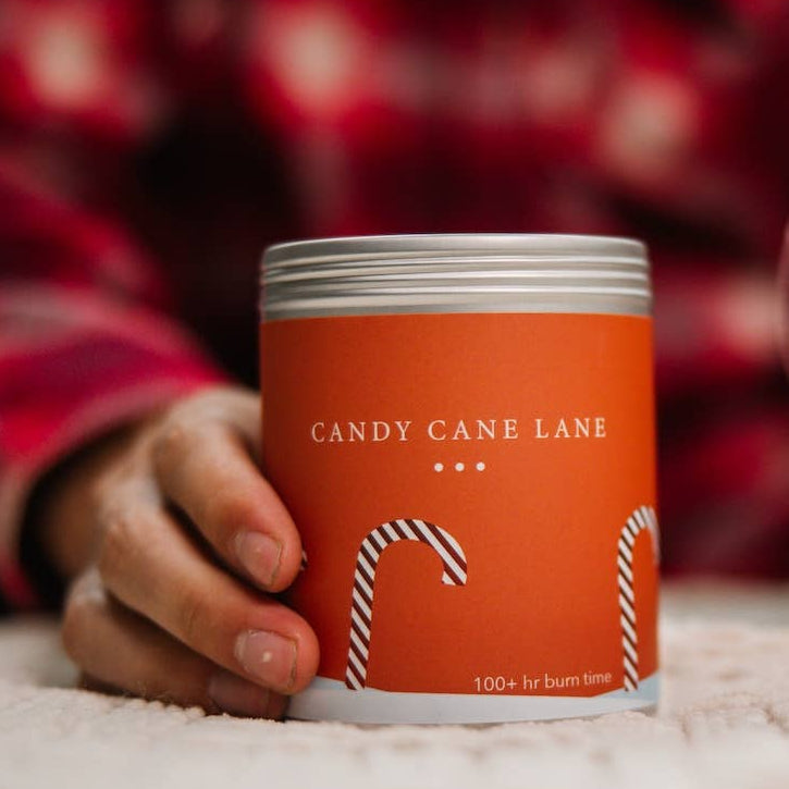 Candy Cane Lane Large Soy Candle Tin made in Michigan by Kalamazoo Candle Company