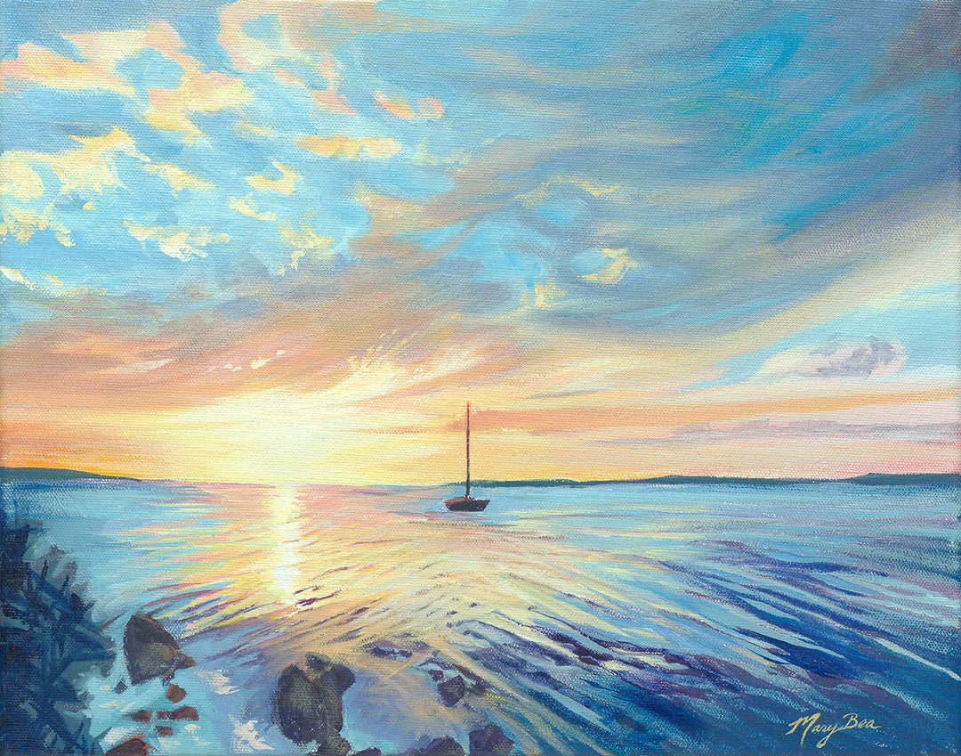 Bay Fine Art Print by Mary Bea McWatters featuring a sailboat on a calm lake at sunset with colorful sky